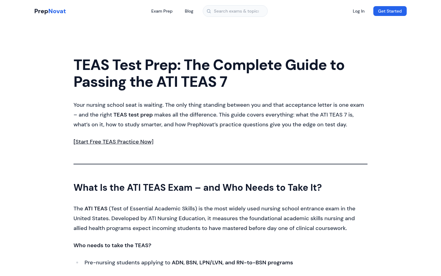 TEAS Test Prep course landing page showing navigation, page title, exam description, and Start Free Practice CTA.